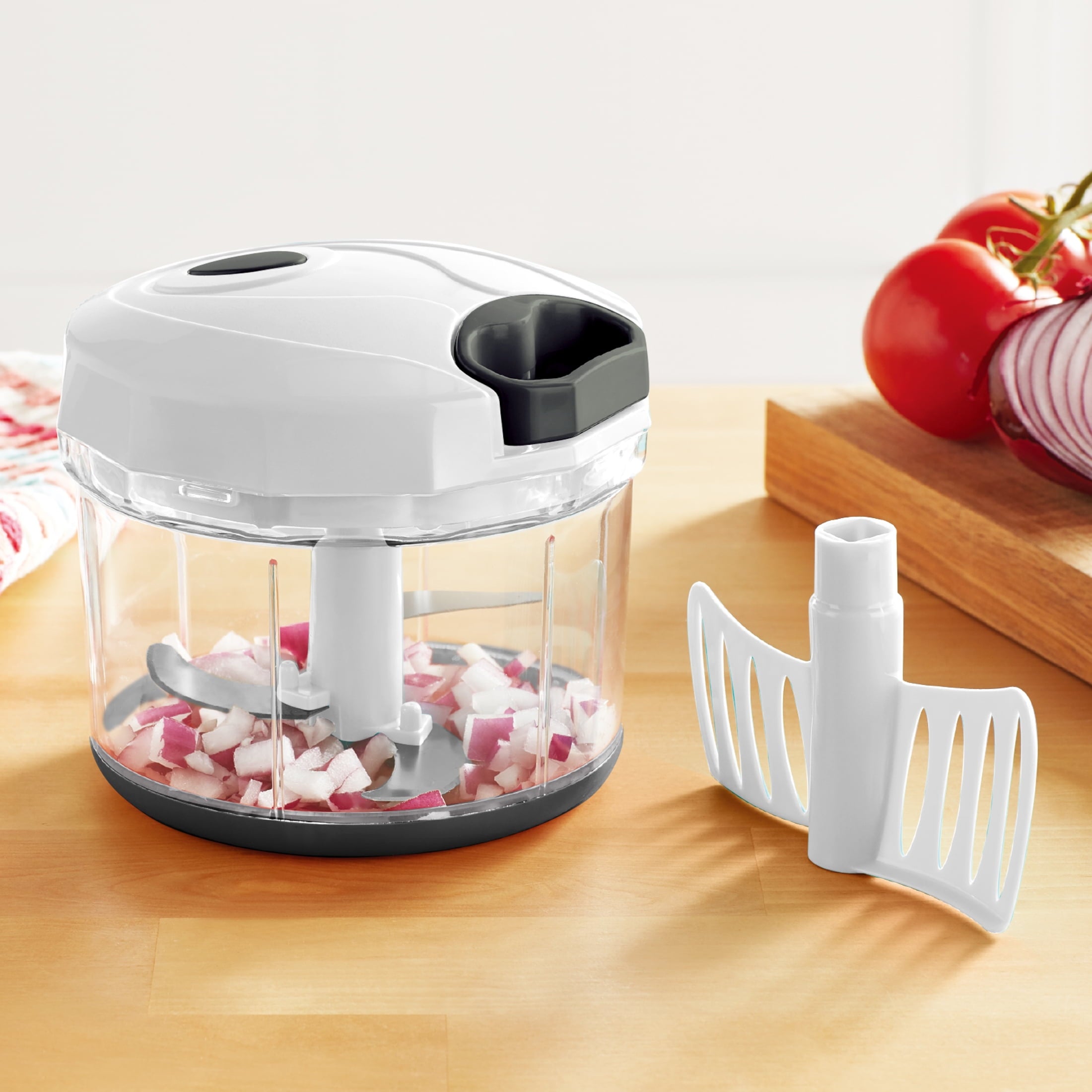 Mainstays 1qt Quick Pull Chopper, BPA free , SS Blades, Food Contact Safe Material , White & Grey, Weight 320g