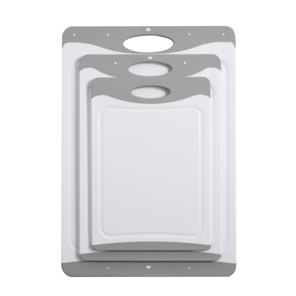 Mainstays 3-Piece Non-Slip Poly Cutting Boards, 50% Recycled PP, 16.9"x 11.8", 13.7" x 9.5", 11.4" x 7.9", White&Silv...