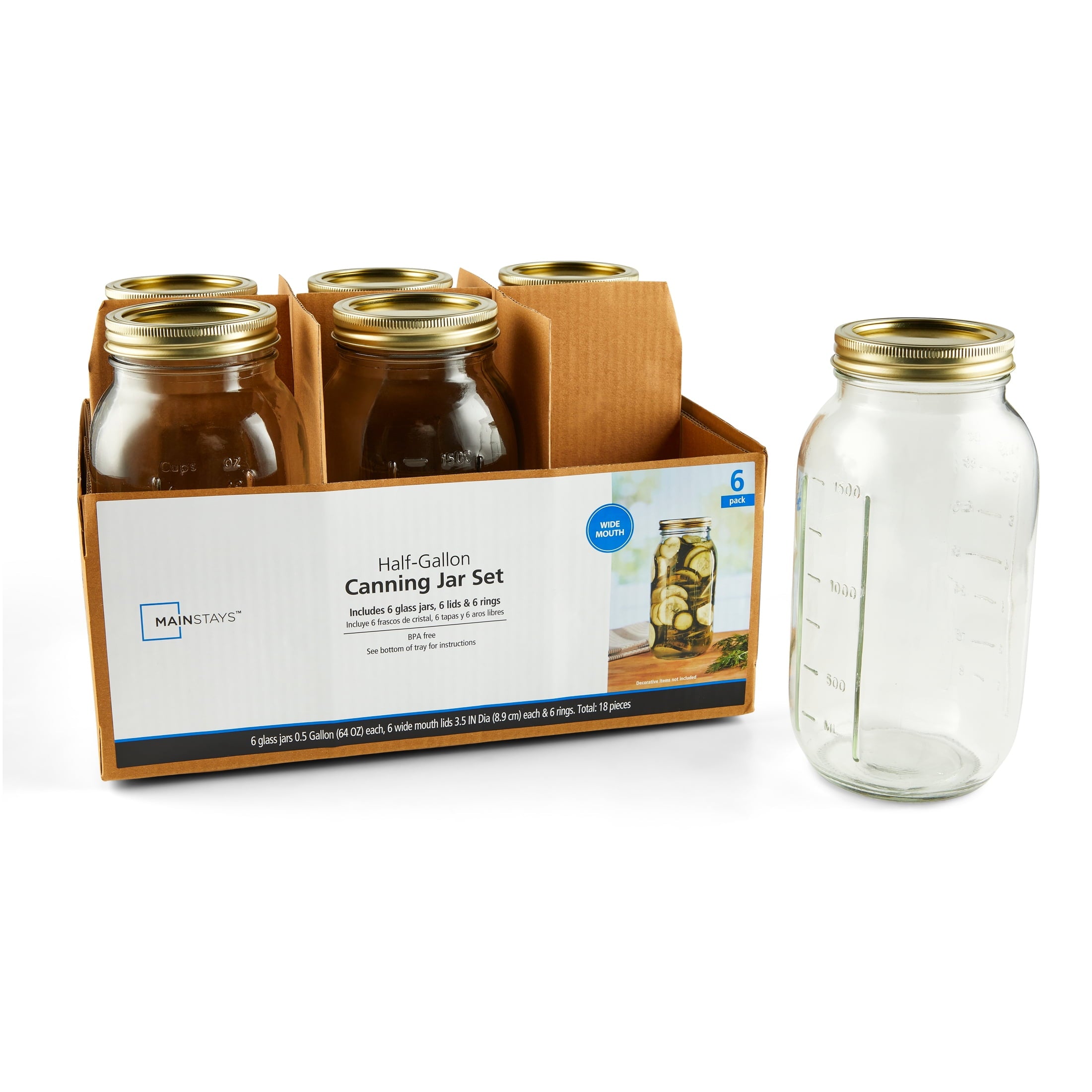 Mainstays 64 oz Mason Jars, Wide Mouth Half Gallon Canning Jars with Lids and Rings, 6-Pack Extra Large Glass Jars fo...