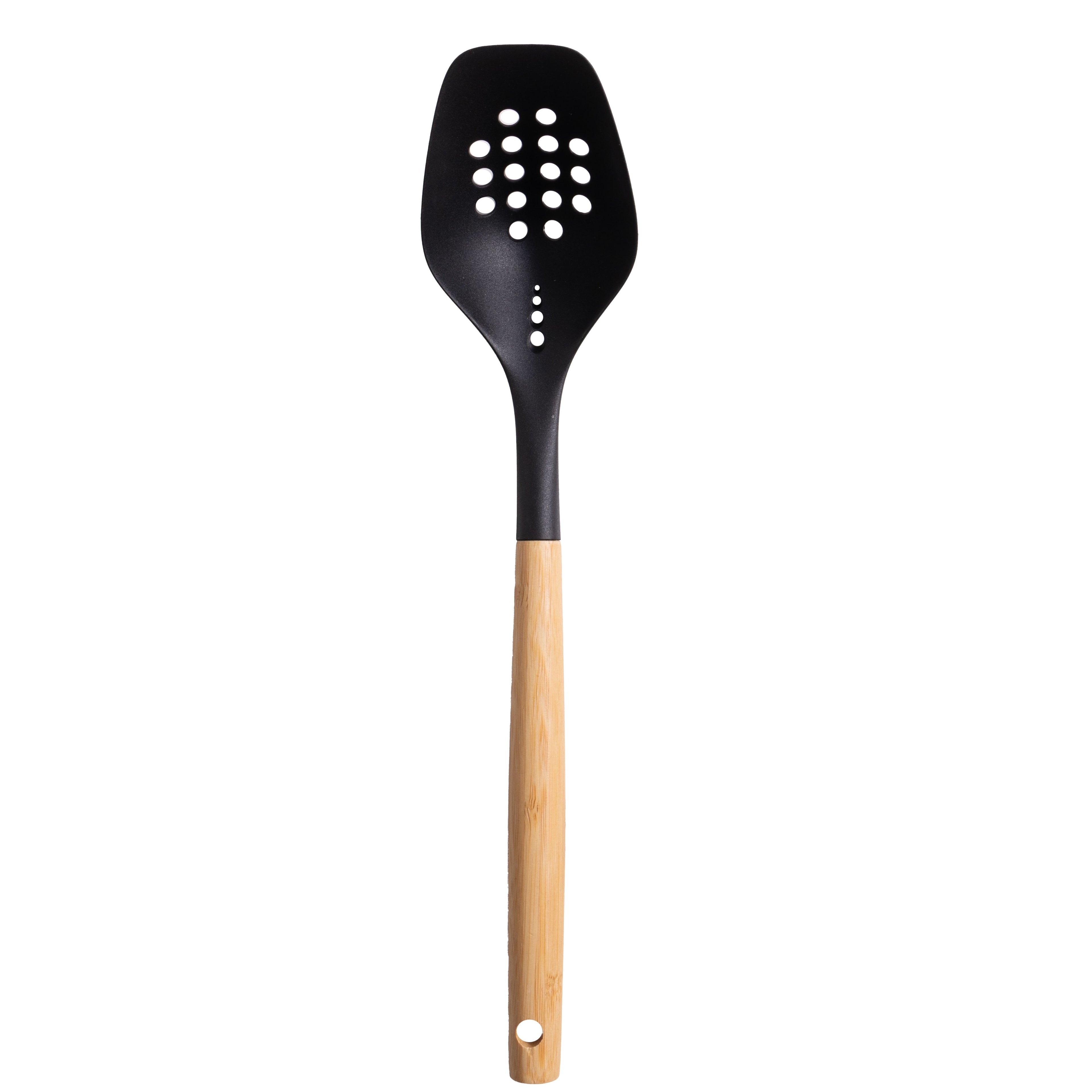 Mainstays Nylon Slotted Cooking Spoon with Bamboo Handle, 12.6"2.7", Nylon & Bamboo, Black