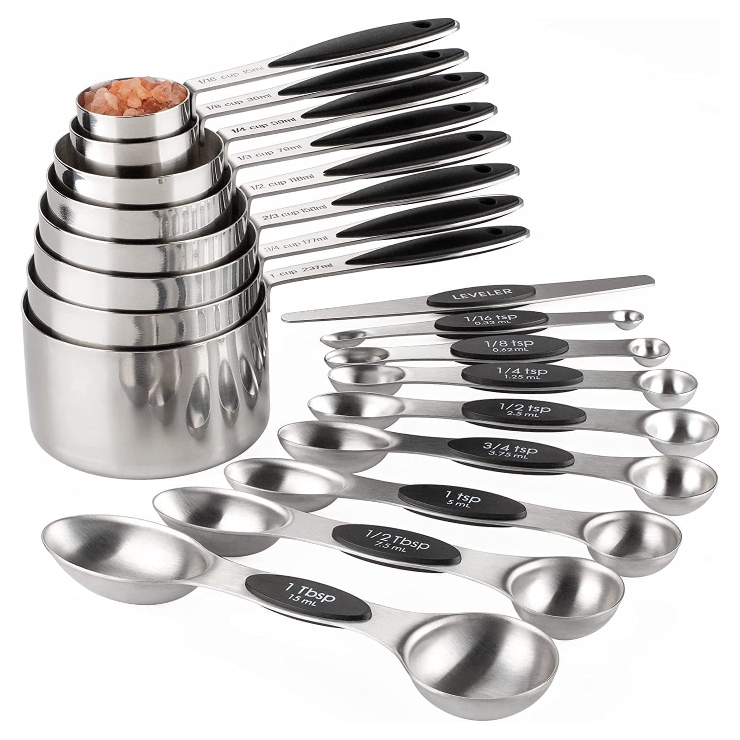 Measuring Cups and Spoons Set, 17-Piece Stainless Steel Magnetic Double-Headed Spoons with Engraved Measurements and ...