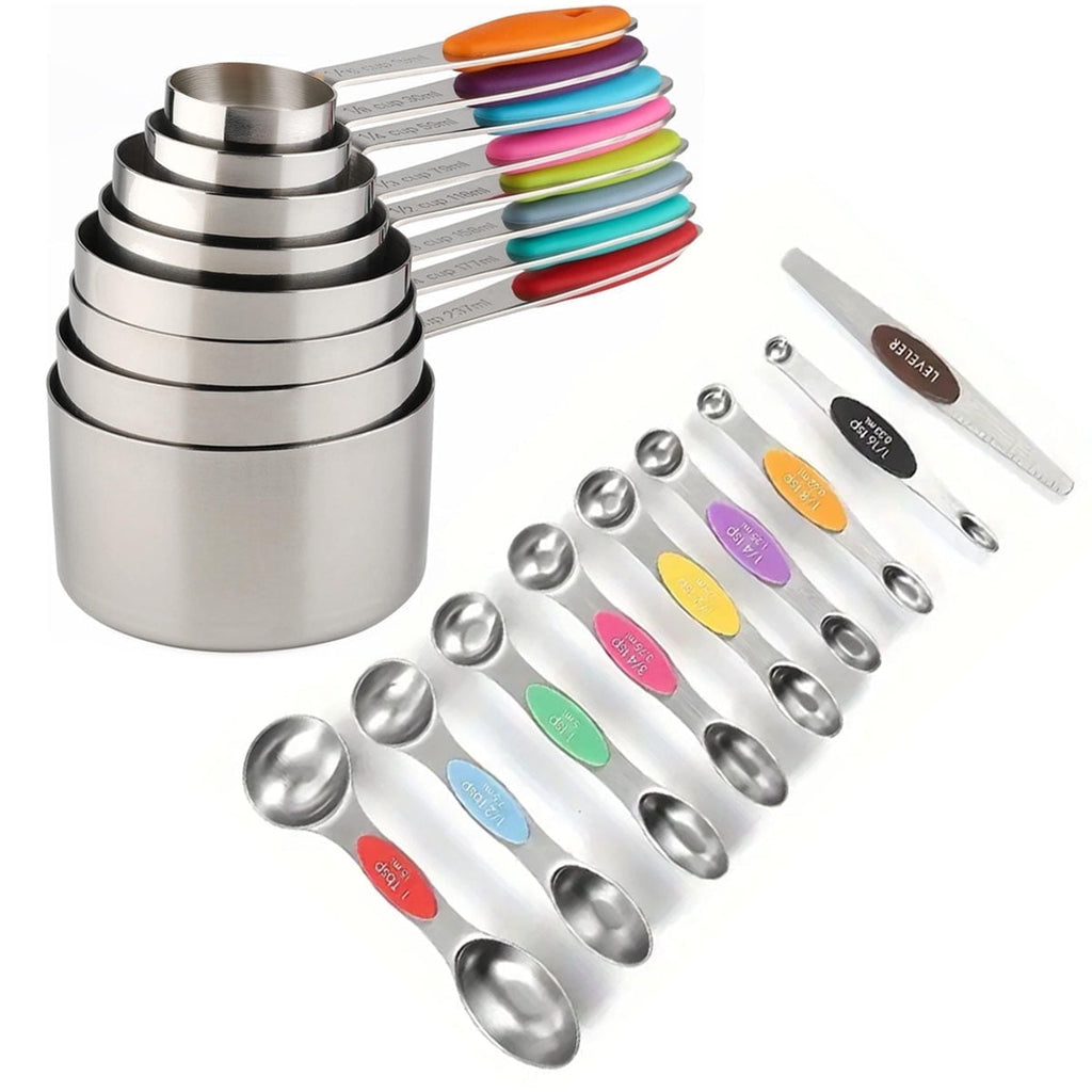 Measuring Cups and Spoons Set, 17-Piece Stainless Steel Magnetic Double-Headed Spoons with Engraved Measurements and ...
