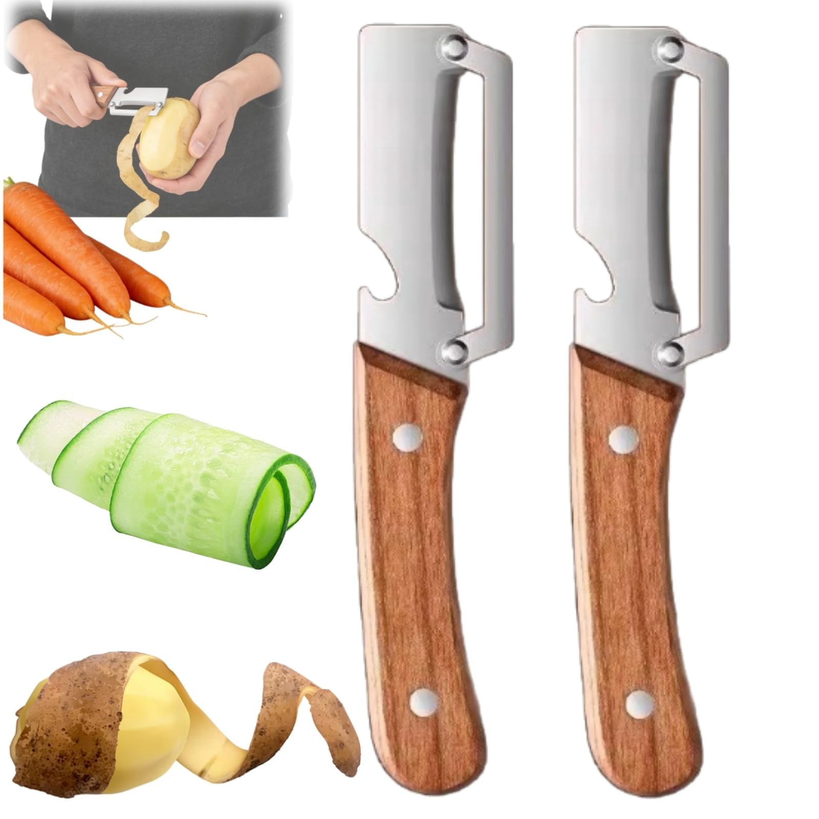 Micro Drag Peeler Stainless Steel Blade with Wooden Handle, 2-in-1 Multifunctional Tool for Fruits Vegetables and Bot...