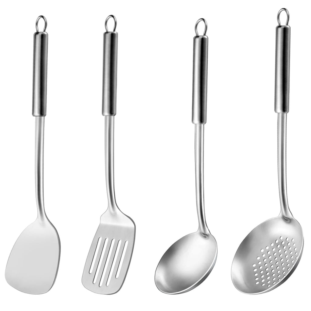 Mirdinner 4 Pcs Cooking Utensils Set, 304 Stainless Steel Kitchen Utensils, Include Wok Ladle, Slotted Spoon, Wok Spa...