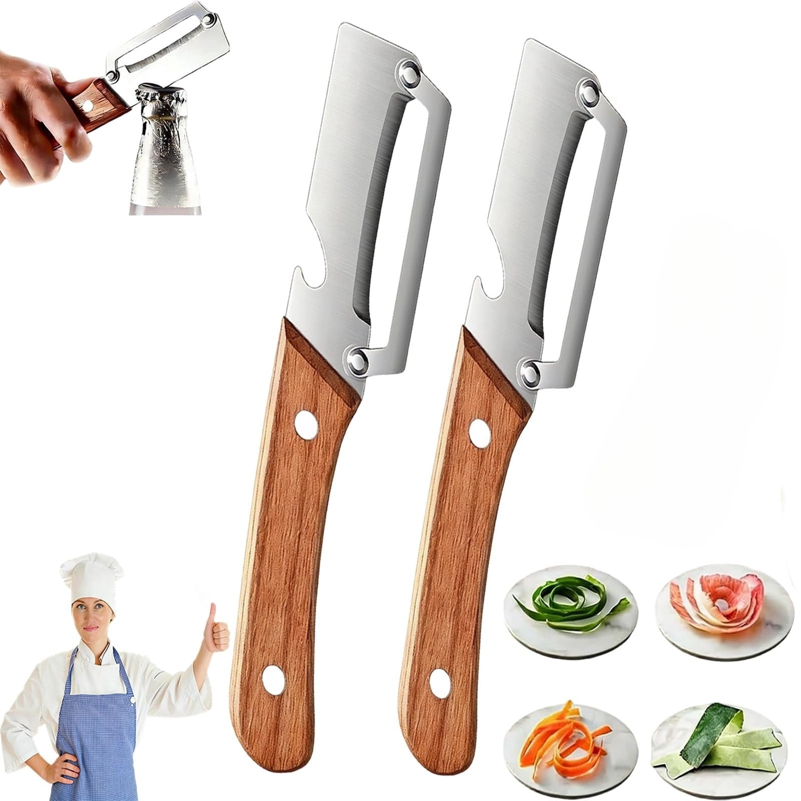 Multi-Functional Vegetable Peeler 2-in-1 with Stainless Steel Blade and Non-Slip Wooden Handle for Fruits, Vegetables...