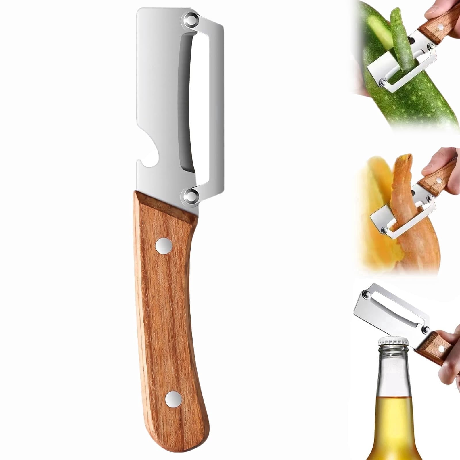Multi-Functional Vegetable Peeler for Kitchen, Stainless Steel Fruit Potato Apple Peelers with Manual Wooden Handle, ...
