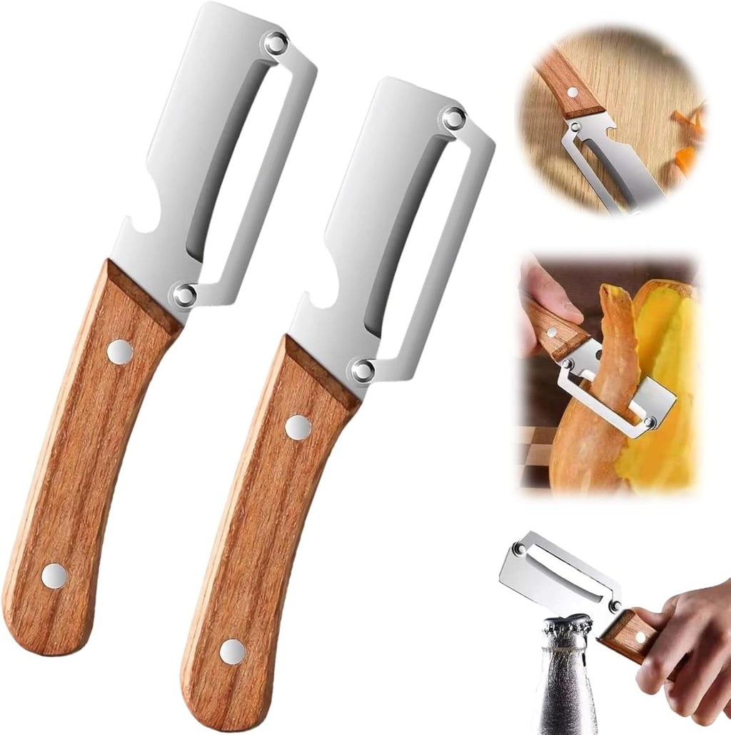 Multi-Functional Vegetable Peeler for Kitchen | Non-Slip Wooden Handle & Bottle Opener with Stainless Steel Blade for...