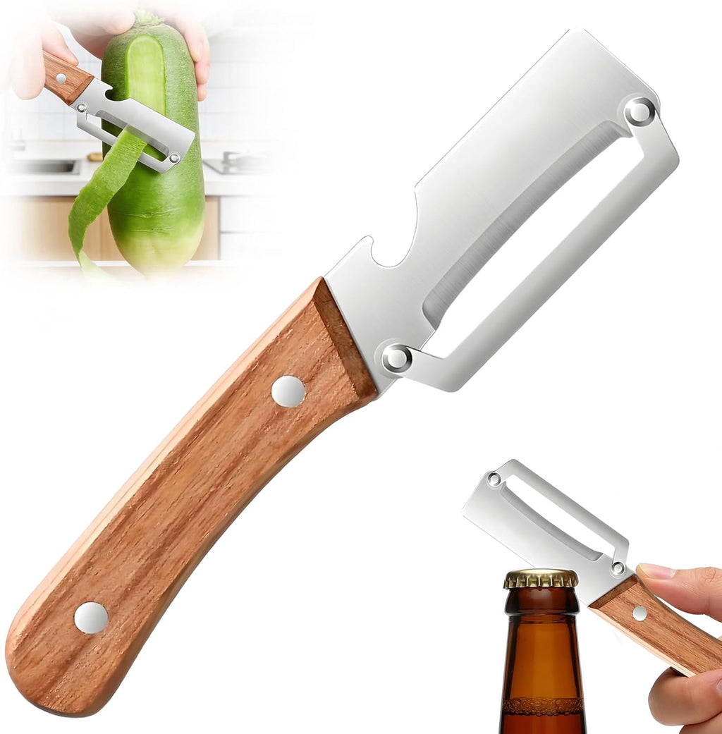 Multi-Functional Vegetable Peeler for Kitchen, Stainless Steel Blade with Wooden Handle and Built-In Bottle Opener, f...