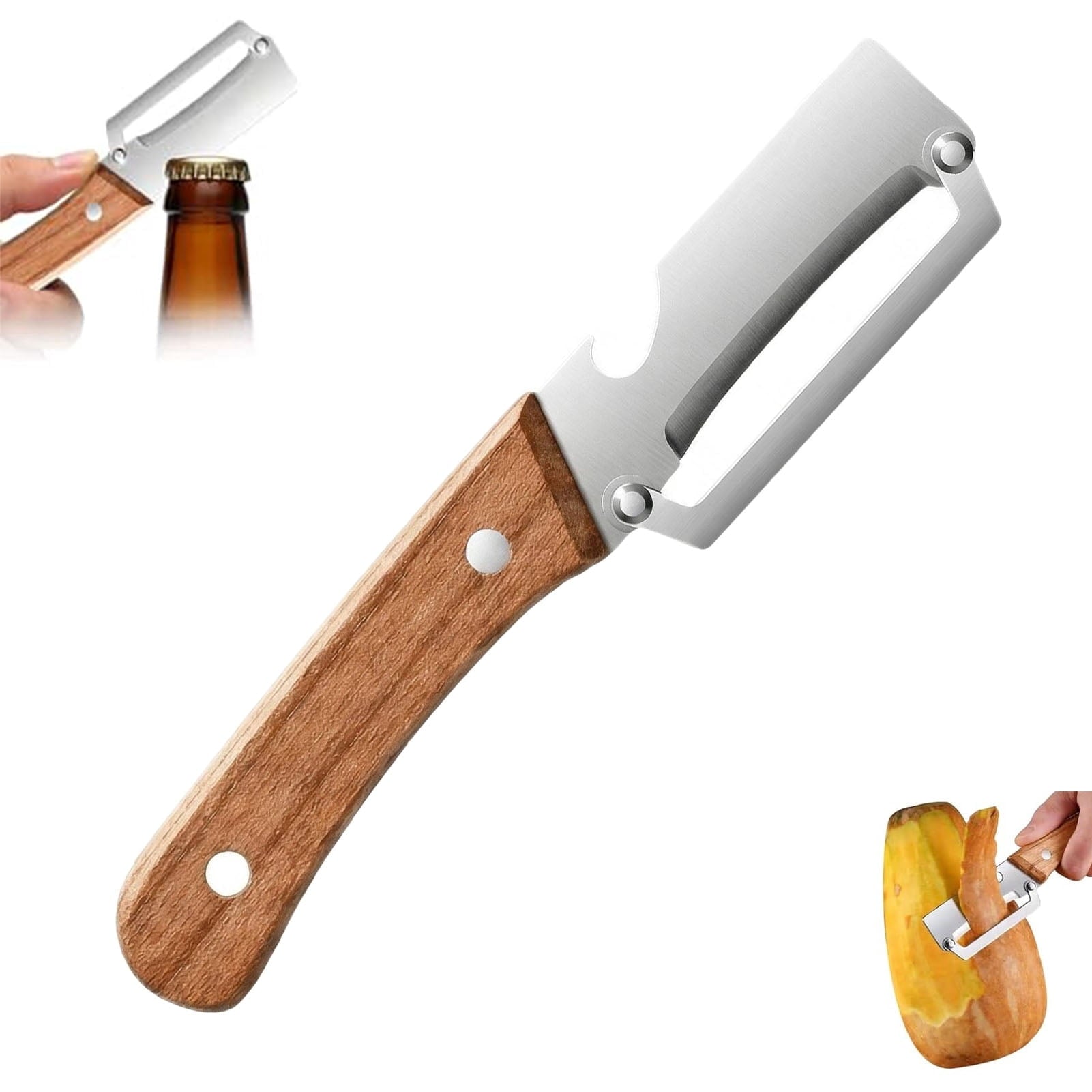 Multifunctional Vegetable Peeler with Wooden Handle and Bottle Opener, Kitchen Tool for Fruit Apple Potato Pumpkin Pa...