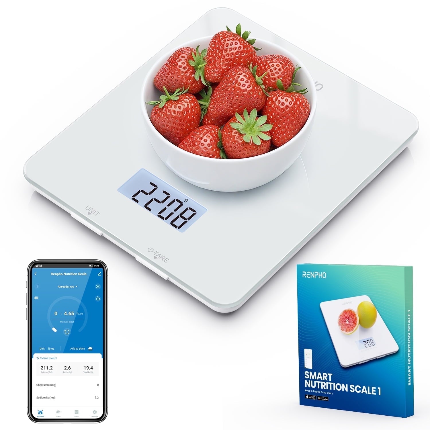 RENPHO Bluetooth Food Scale with App, Digital Smart Kitchen Scale, Glass, White