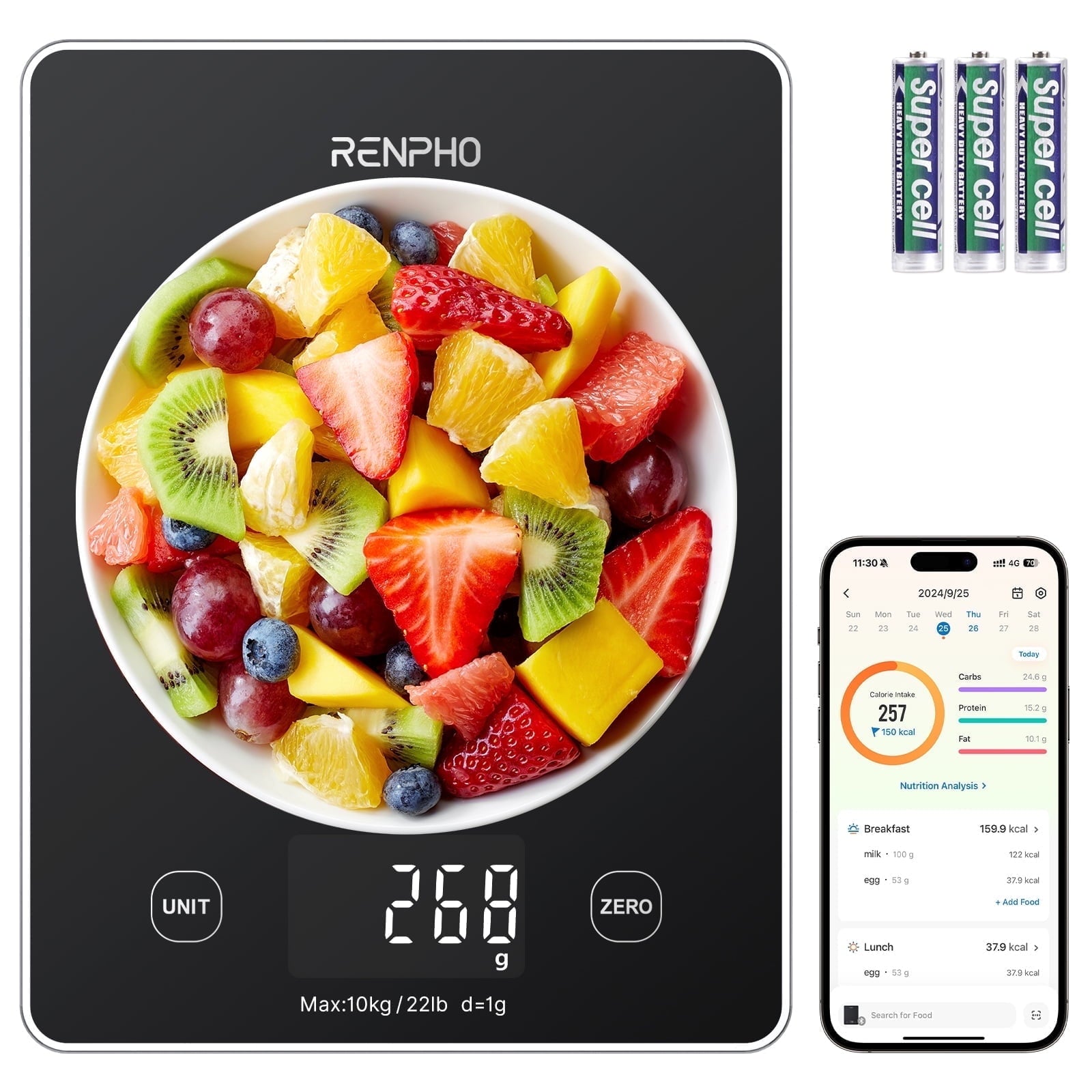 RENPHO Smart Food Scale, Digital Kitchen Scale with Nutritional Calculator, Gram Scale for Weight Loss, Baking and Co...