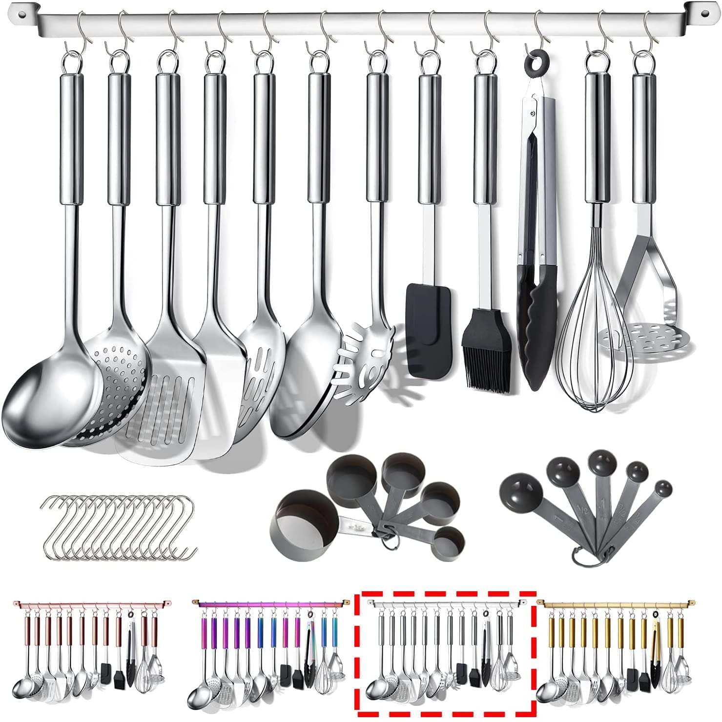 ReaNea Kitchen Utensils Set 37 Pieces, Stainless Steel Cooking Utensils Set, Kitchen Gadgets Cookwarewith Hooks For H...