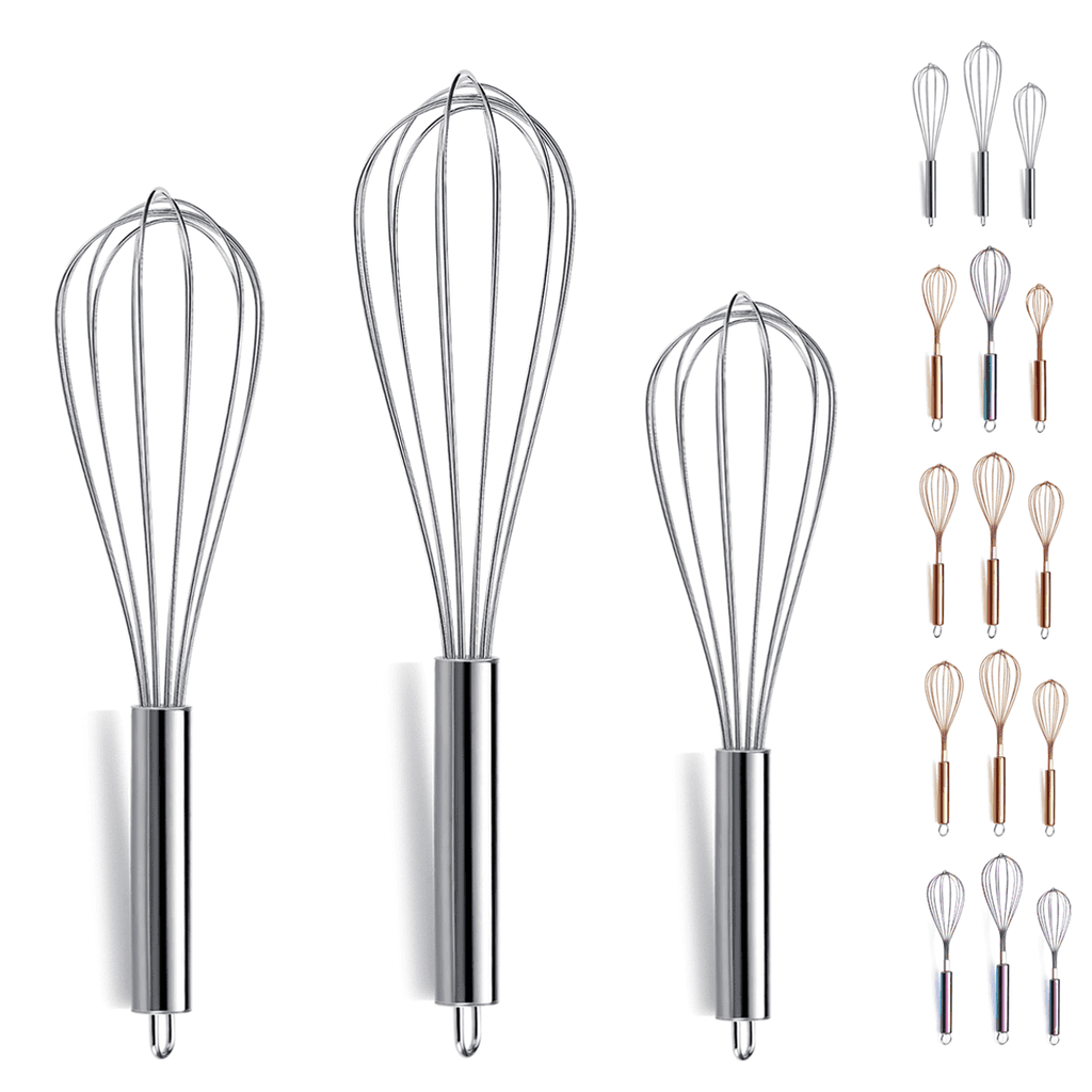 ReaNea Whisk Set Pack of 3 Stainless Steel 8" 10" 12" Whisks for Cooking, Beater, Kitchen Wire Wisk