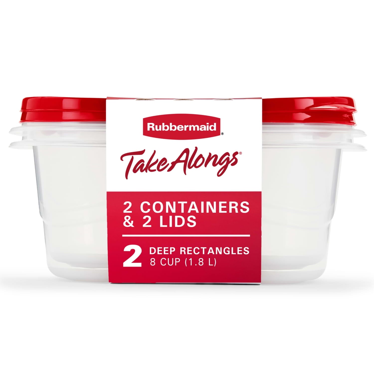 Rubbermaid TakeAlongs, 8 Cups, 2 Packs, Red, Plastic Deep Rectangle Food Storage Containers