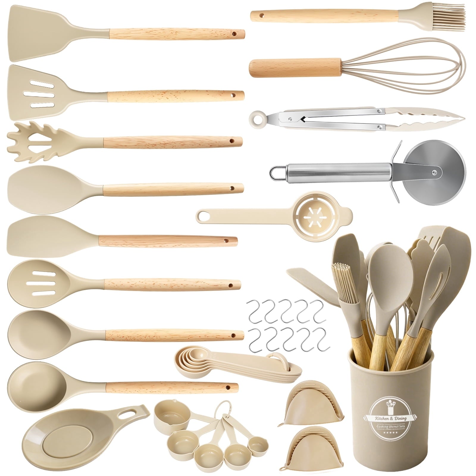 Silicone Cooking Utensils Set, Heat Resistant Kitchen Tools, 36 PCS Non-Stick Silicone Cooking Kitchen Utensils, Khaki