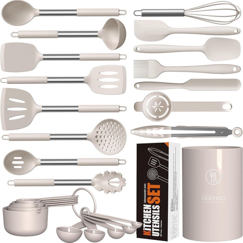 Large Silicone Cooking Utensils Set - Heat Resistant Kitchen Utensils,Turner Tongs,Spatula,Spoon,Brush,Whisk,Stainles...