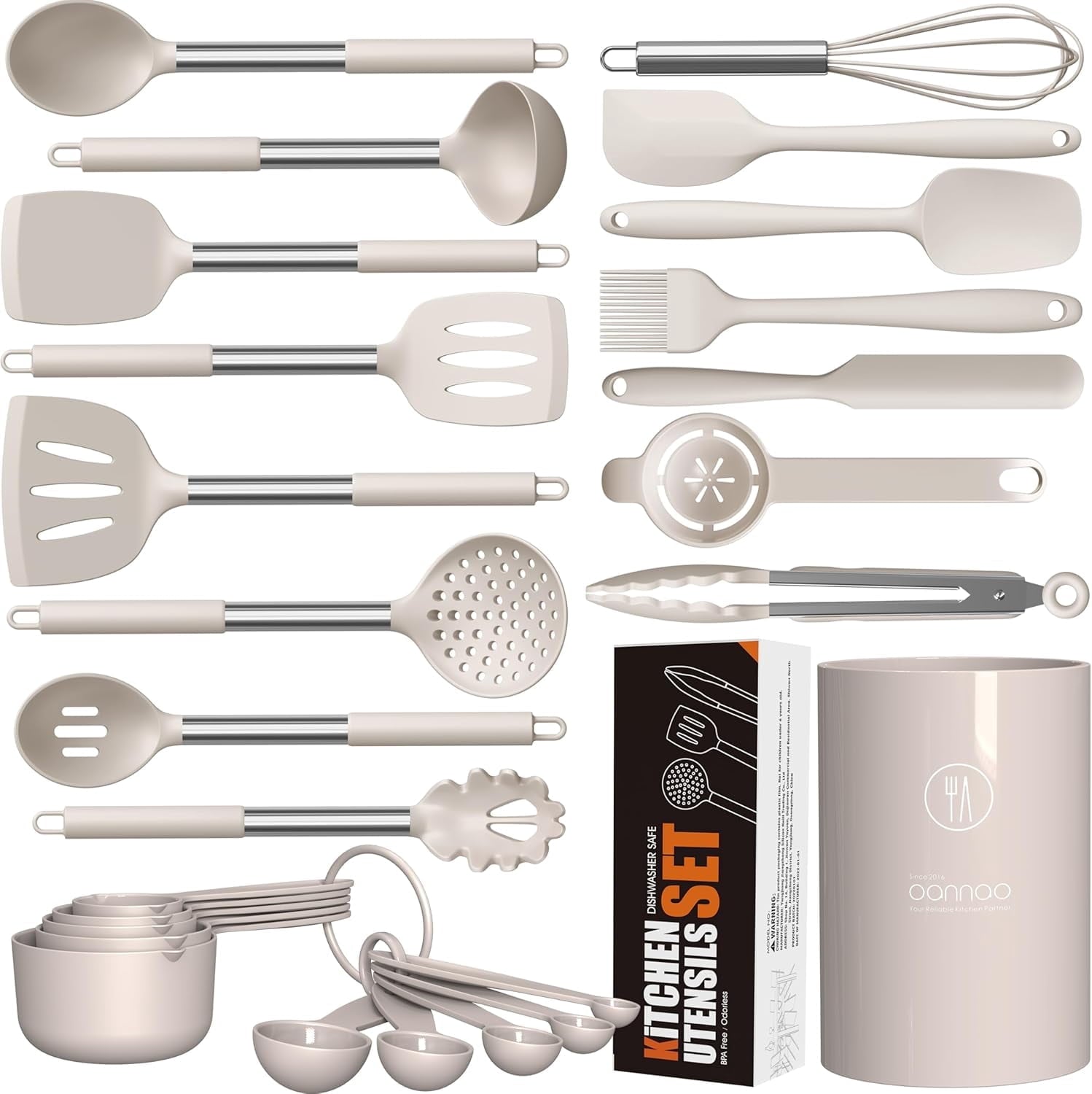 Large Silicone Cooking Utensils Set - Heat Resistant Kitchen Utensils,Turner Tongs,Spatula,Spoon,Brush,Whisk,Stainles...