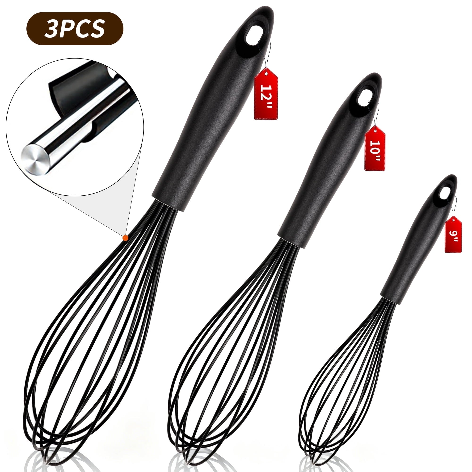 Silicone Wire Whisk, MOJINO Egg Beater Set of 3, Non Scratch Stainless Steel Kitchen Whisks for Cooking, Blending, Be...