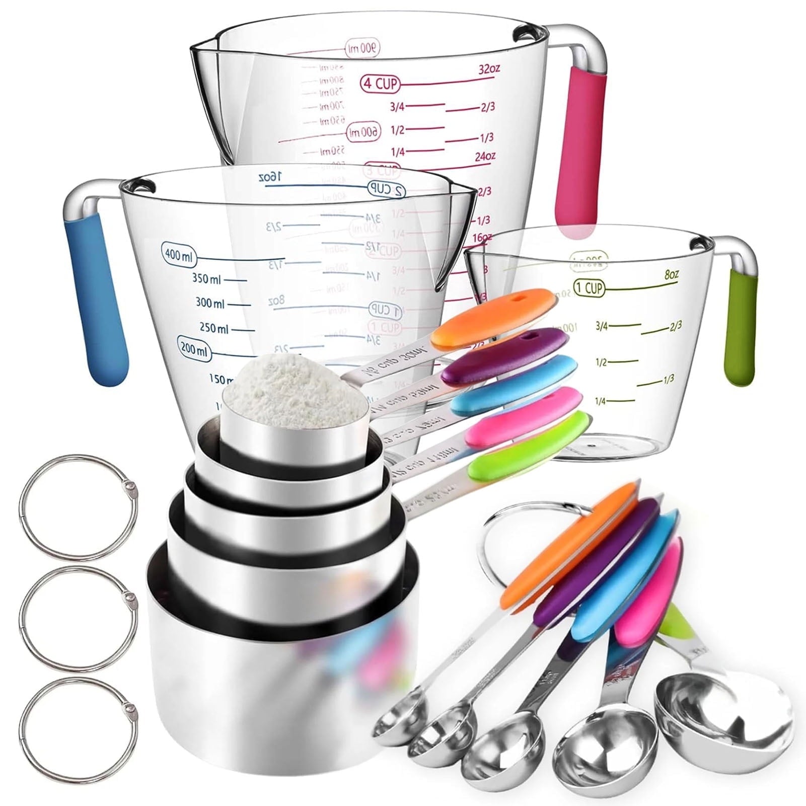 Square 14-Piece Measuring Cups and Spoons Set, Nesting Stainless Steel Measuring Cups Spoons with Plastic Measuring C...