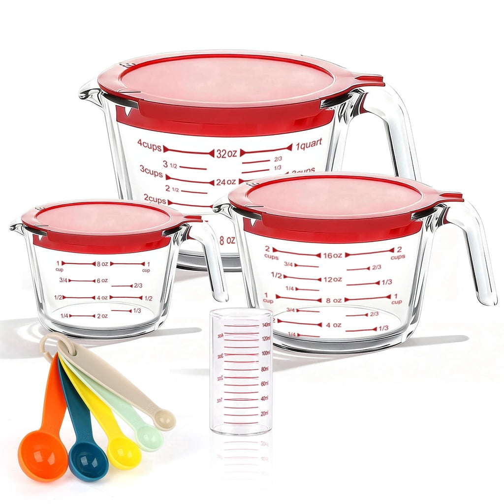 TAIMASI 9 Pcs Glass Measuring Cups Set with Lids, 4-Cup, 2-Cup, 1-Cup, 5 oz Liquid Measuring Cups & 5 Measuring Spoon...