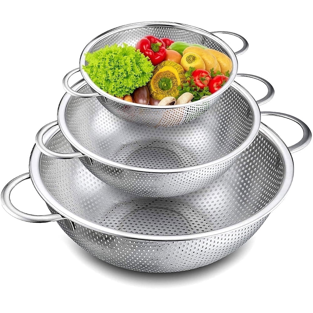 VeSteel Colander Set of 3, Stainless Steel Micro-Perforated Colanders Strainers for Draining Rinsing Washing, Ideal f...