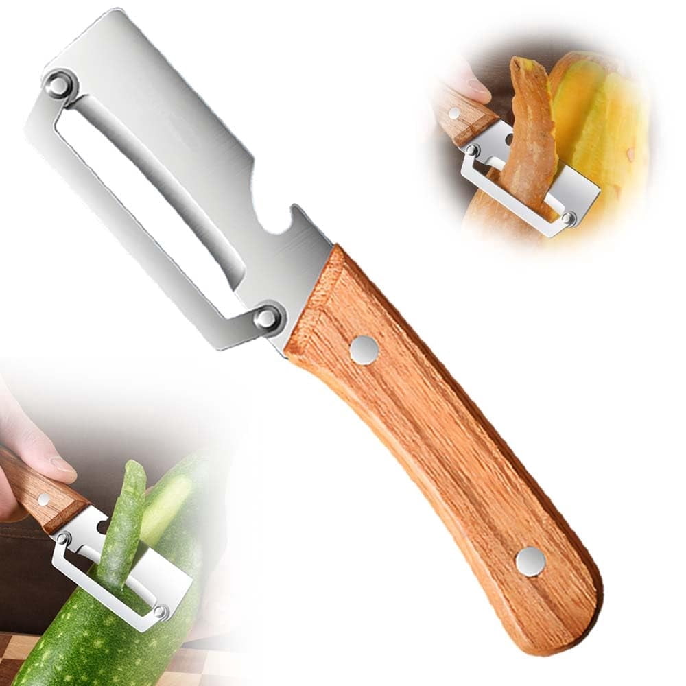 Vegetable Peeler Stainless Steel Blade Wooden Handle Bottle Opener, Fruit Potato Carrot Apple Peeling Tool Sharp Dura...