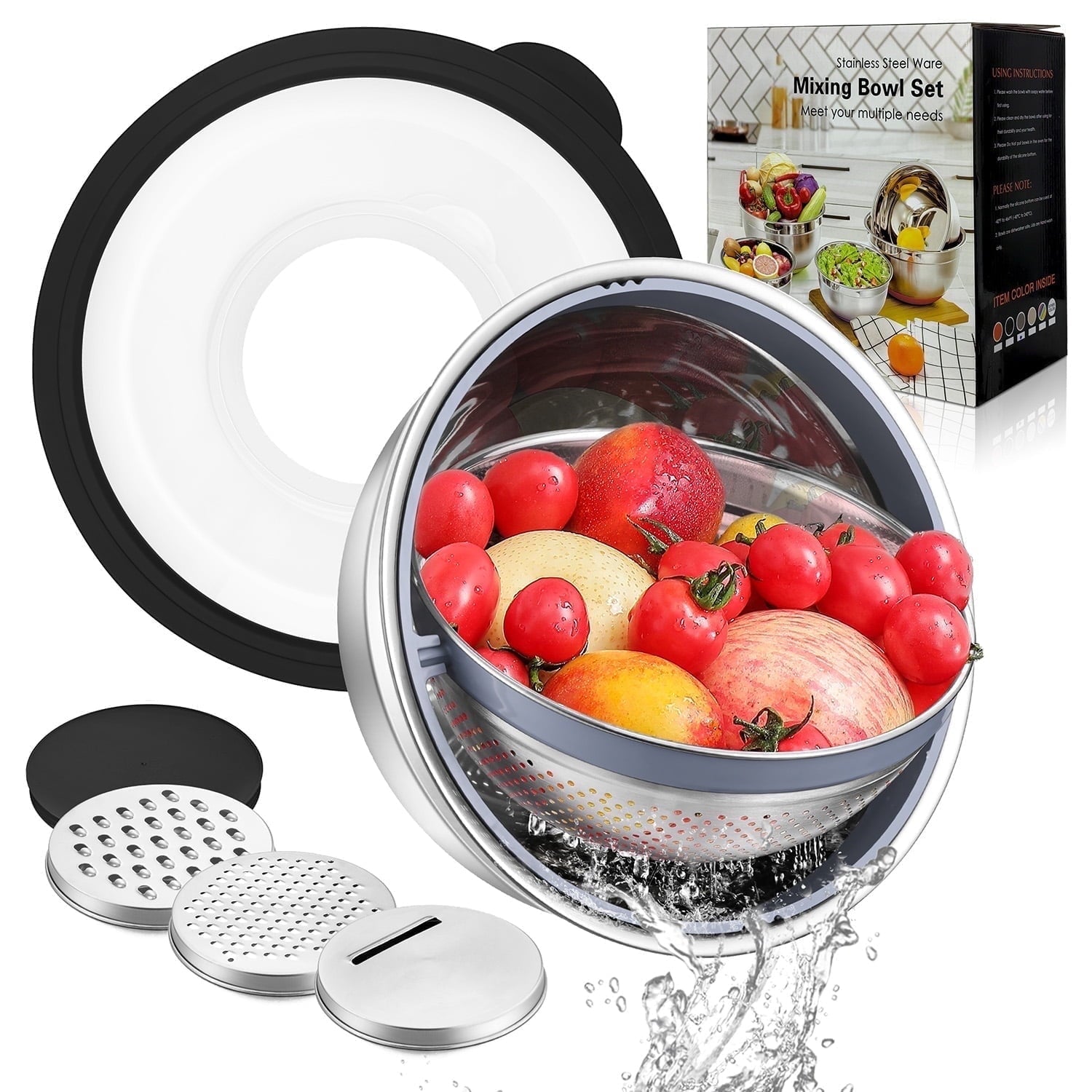 Vesteel Colander with Mixing Bowl Set, 4 in 1 Stainless Steel Food Strainer with Airtight Visible Lid and 3 Graters, ...