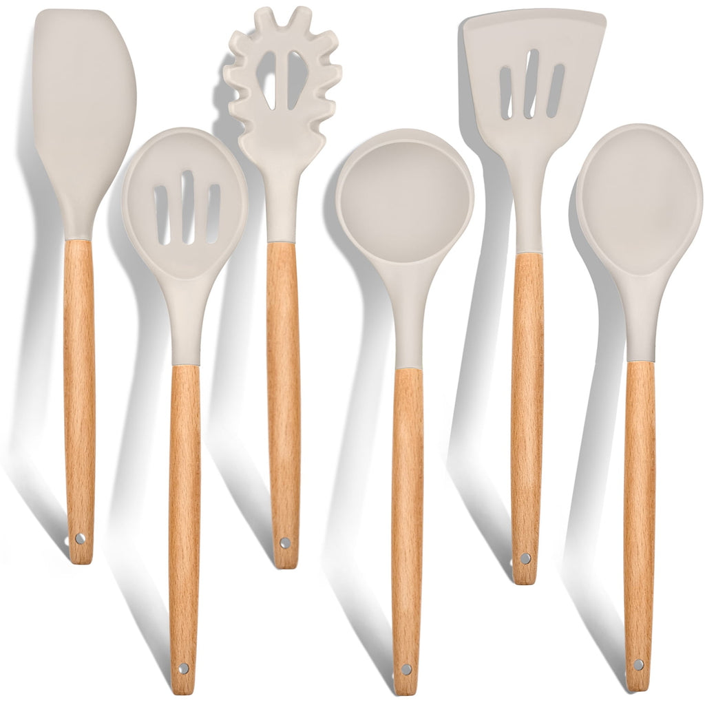 Vesteel Kitchen Utensils Set of 6, Silicone Cooking Utensils with Wooden Handle, Non-Stick Cookware & Heat Resistant,...