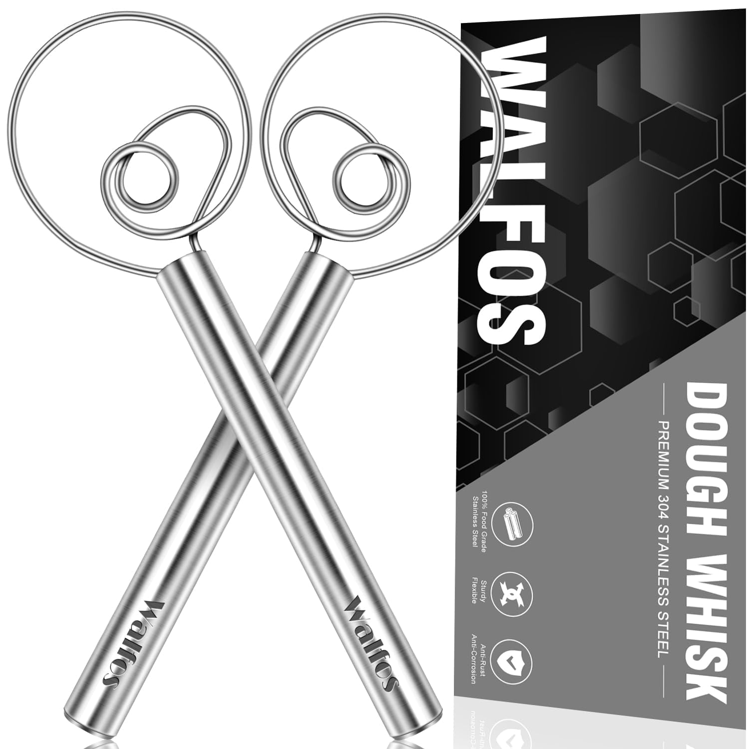 Walfos Danish Dough Whisk, Rustproof Stainless Steel Bread Whisk, Quick Mixing Bread Mixer, Dutch Dough Whisk for Coo...