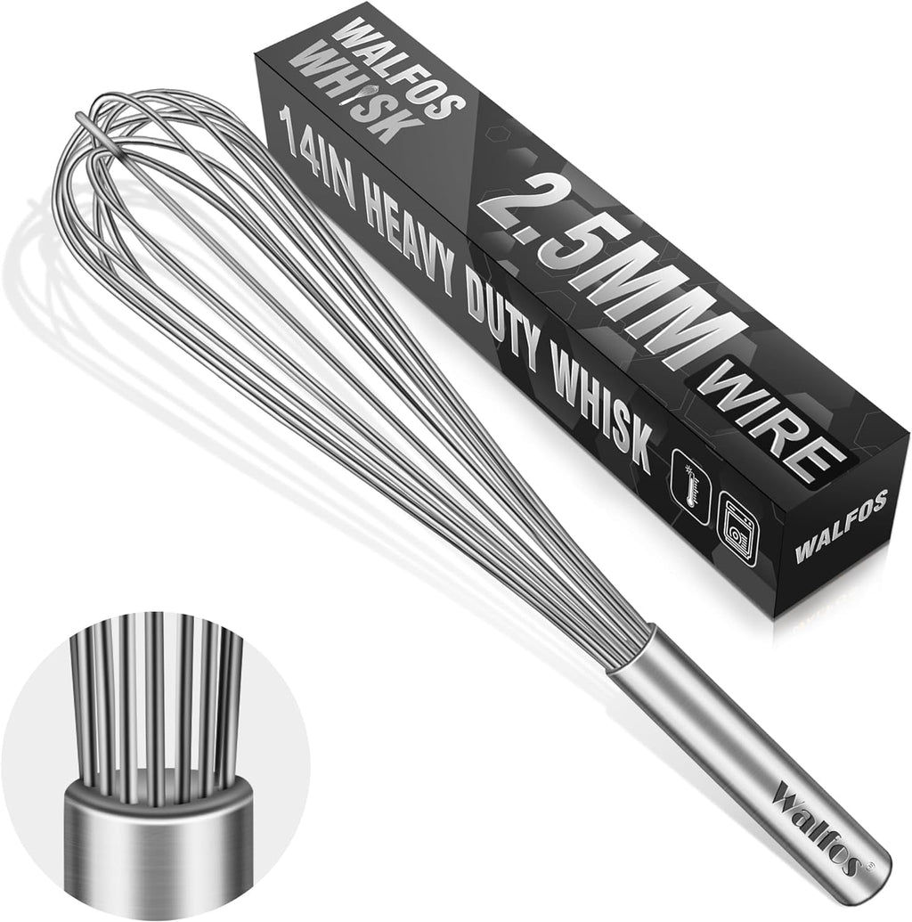 Walfos Whisk,14in Large Whisks, Heavy Duty Stainless Steel Wire Whisk for Blending, Whisking, Beating Suitable for st...