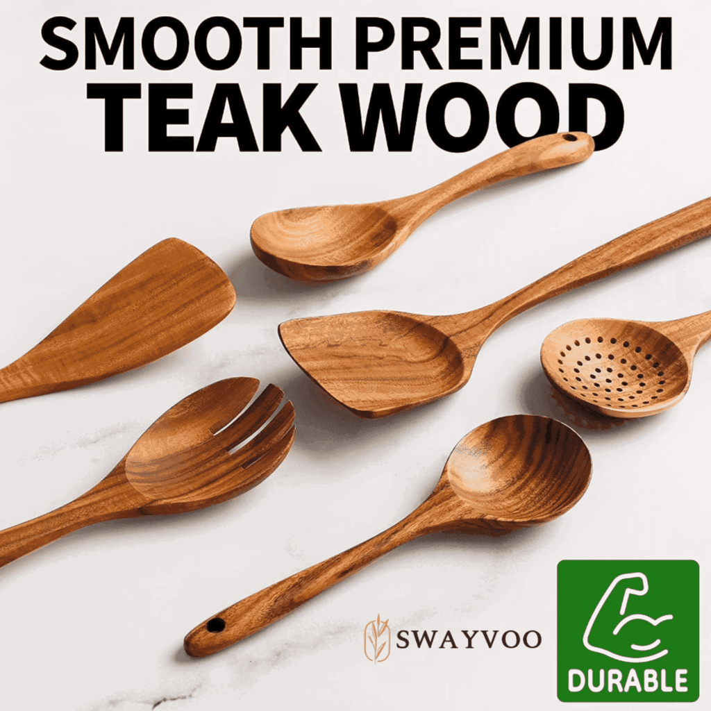 Swayvoo Wooden Spoons for Cooking, 6-Piece 100% Natural Teak Wooden Utensils for Cooking — Heat Resistant, Non-Stick ...