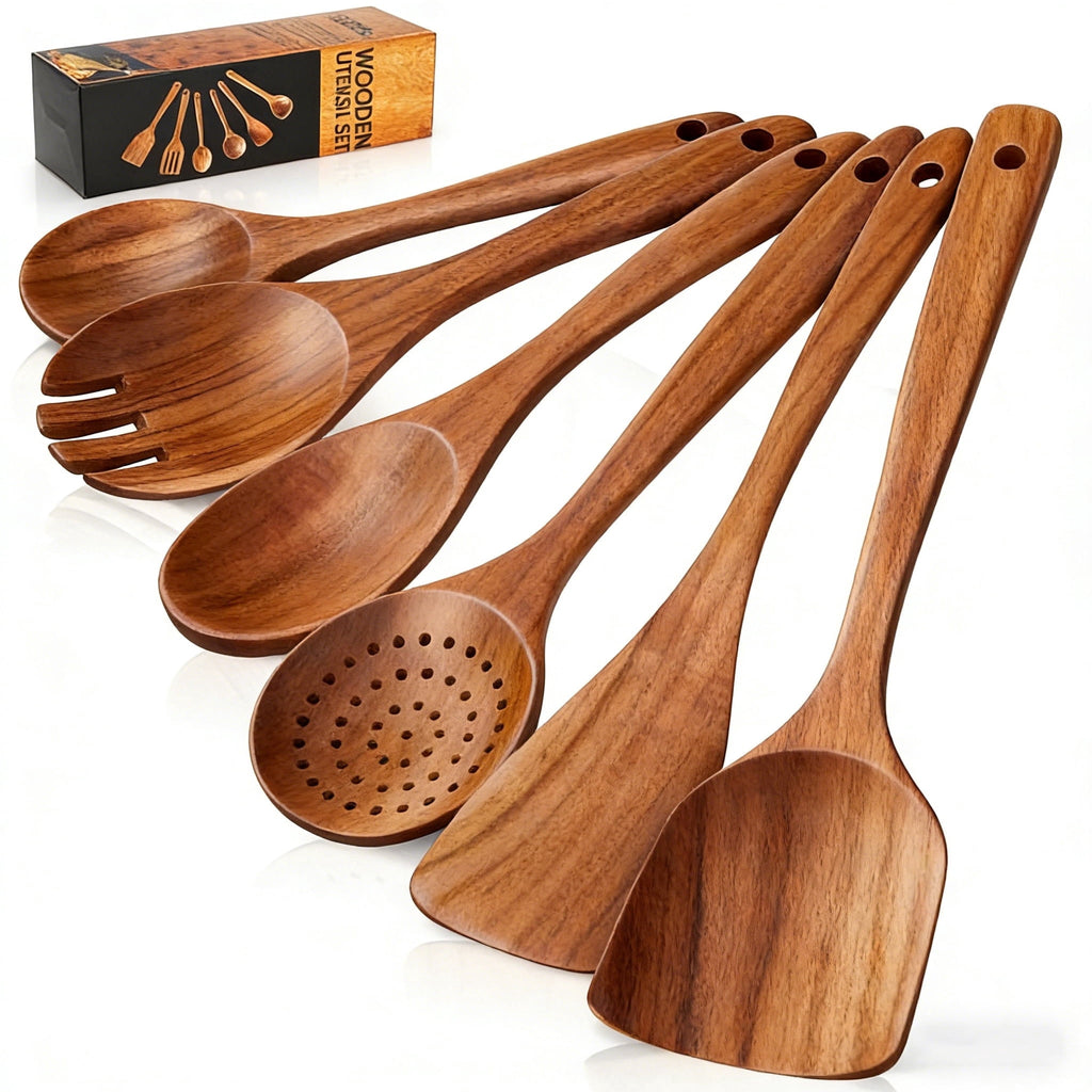 GPED Wooden Spoons for Cooking, 6 PCS Teak Wood Cooking Utensil Set, Wooden Kitchen Utensils for Nonstick Pans & Cook...