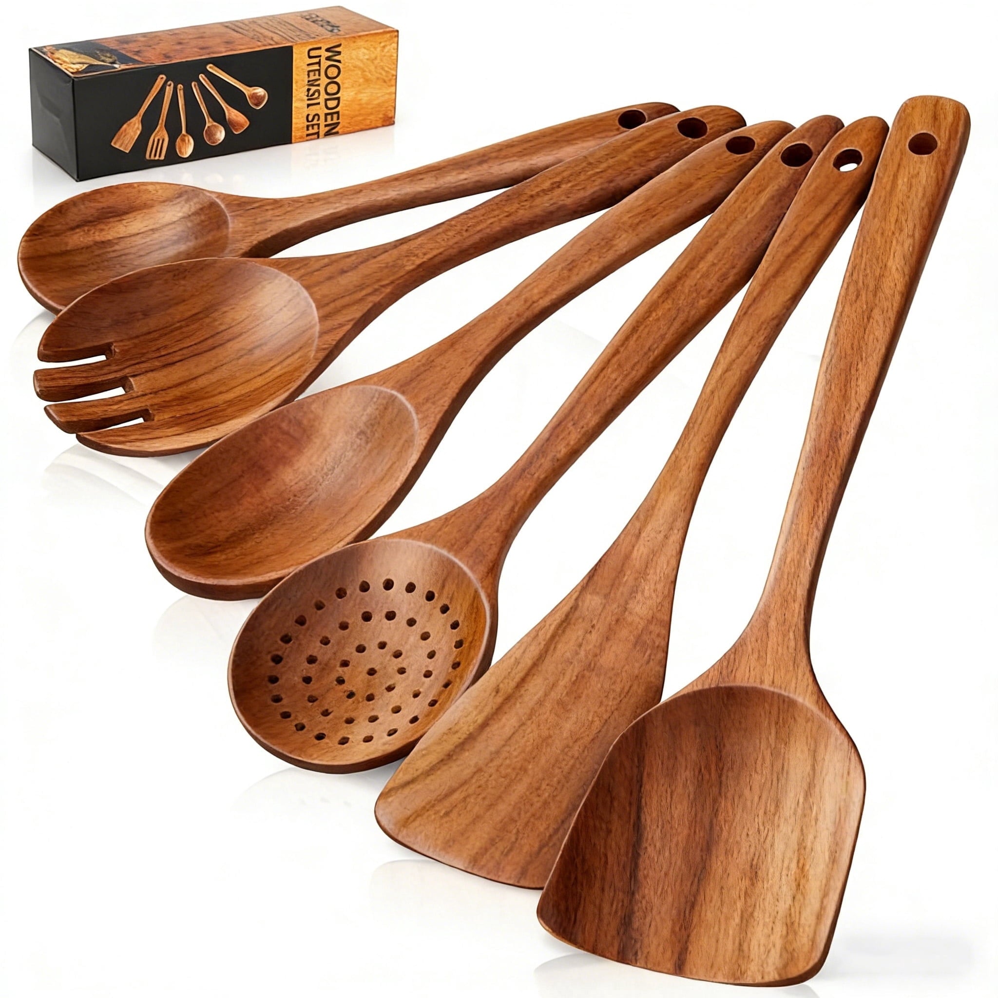 GPED Wooden Spoons for Cooking, 6 PCS Teak Wood Cooking Utensil Set, Wooden Kitchen Utensils for Nonstick Pans & Cook...