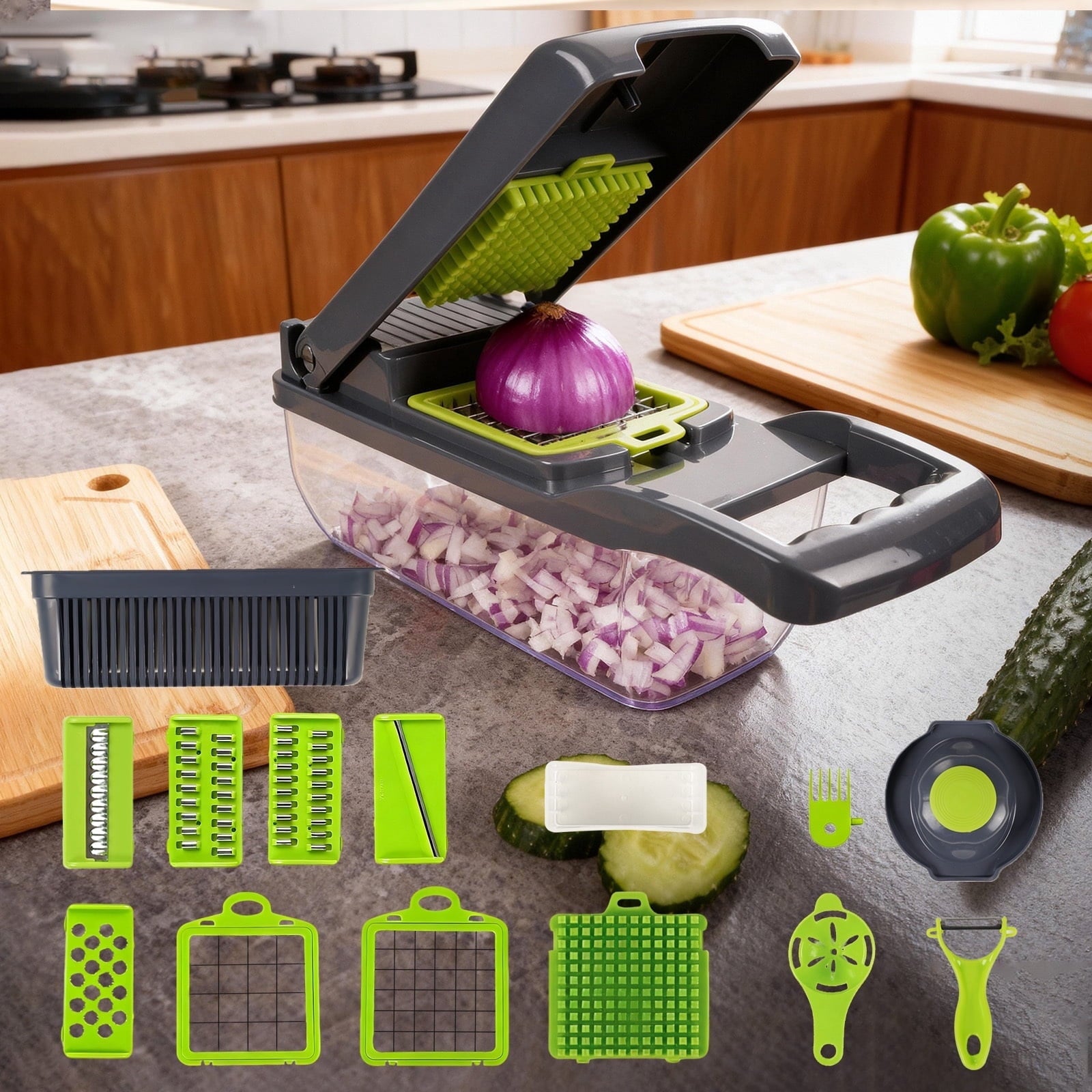 YARRAMATE 16-in-1 Mandoline Slicer, Multifunctional Vegetable Chopper with Container, Food Processor for Onion, Chees...