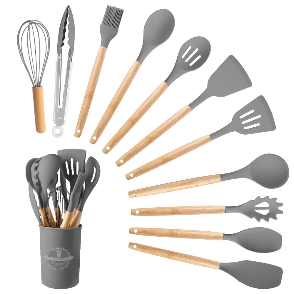 YooYuuk Silicone Wooden Heat Resistant Kitchen Utensil Set, 12 pcs