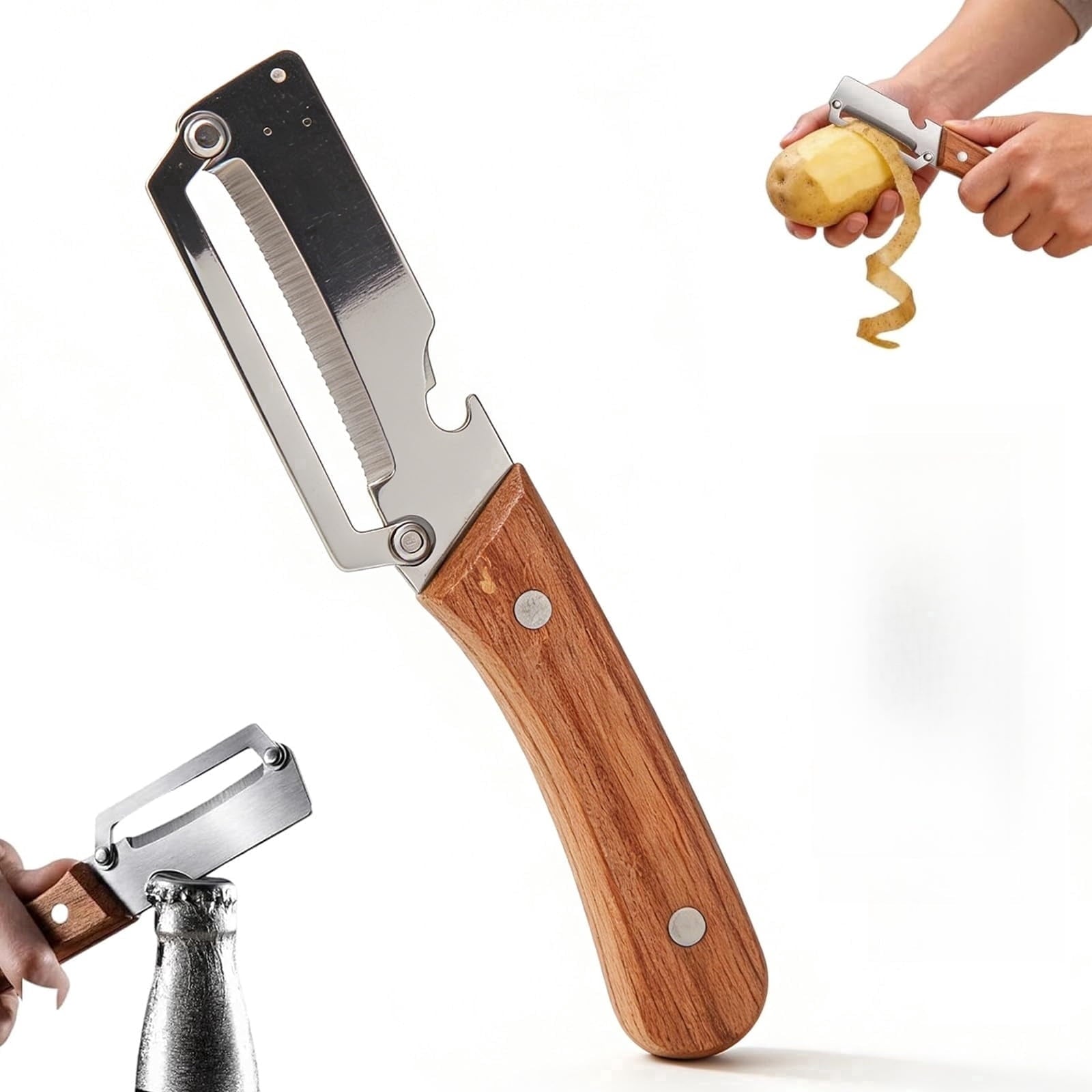 Zero Snag Wooden Kitchen Tool, Smooth Glide Vegetable Peeler with Stainless Steel Blade and Built-In Bottle Opener fo...