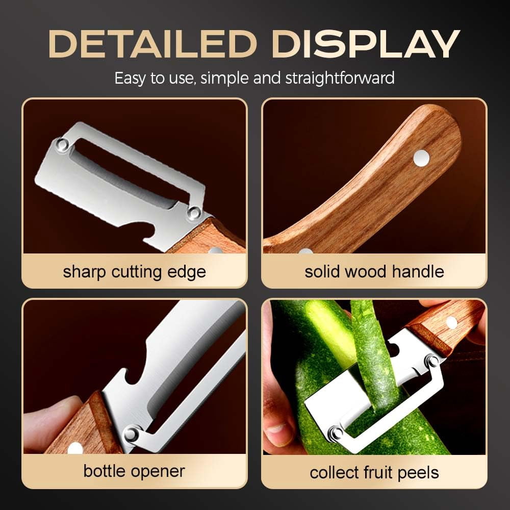 Vegetable Peeler Stainless Steel Blade Wooden Handle Bottle Opener, Fruit Potato Carrot Apple Peeling Tool Sharp Dura... - Image 6