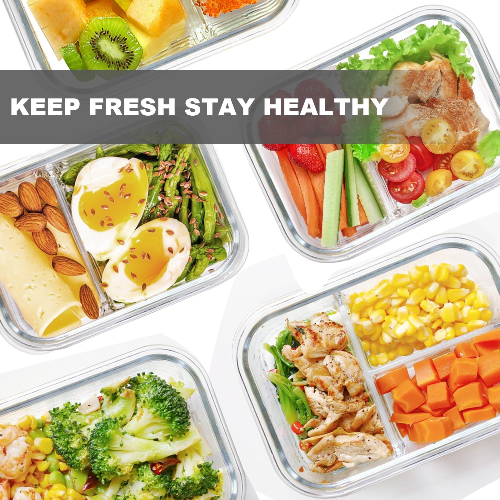 8 Pcs Glass Food Storage Containers with Lids, 2 & 3 Compartment Glass Airtight Meal Prep Containers (4 Containers & ... - Image 3