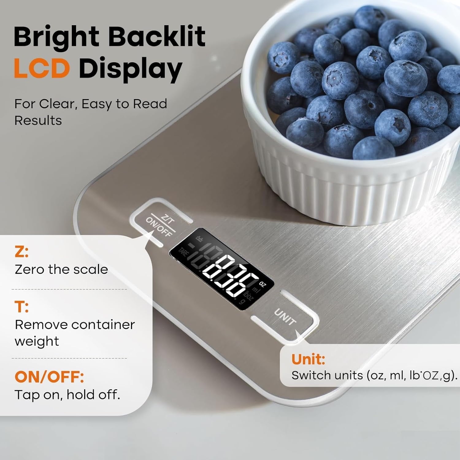 Food Scale, 22lb Kitchen Scale with 4 Units Tare Function & LCD Display, 0.1oz/1g Stainless Steel Digital Food Scale ... - Image 6