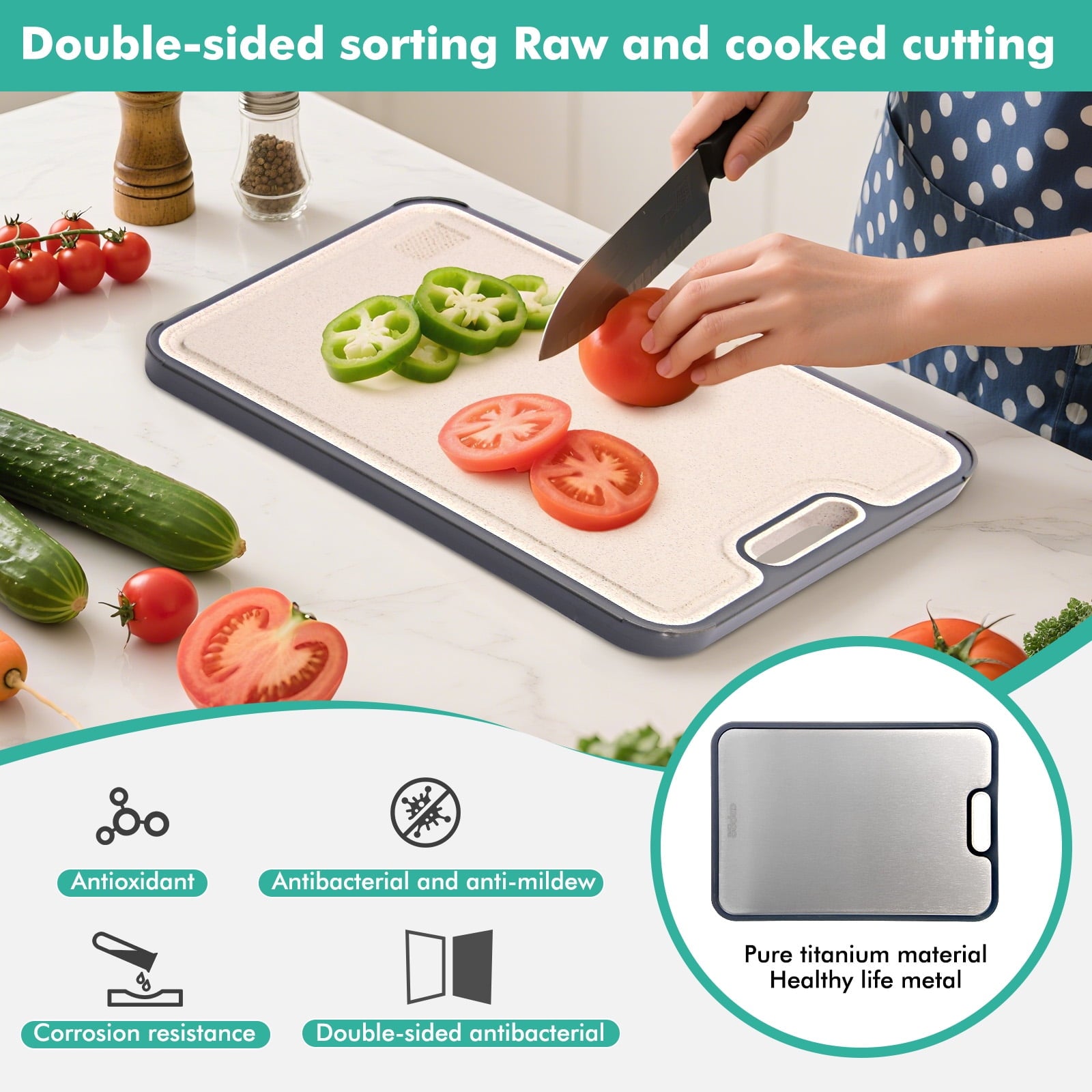 Titanium Cutting Board for Kitchen, Cutting Board Double Sided Food Grade, Pure Titanium and Wheat Straw PP, Easy to ... - Image 6