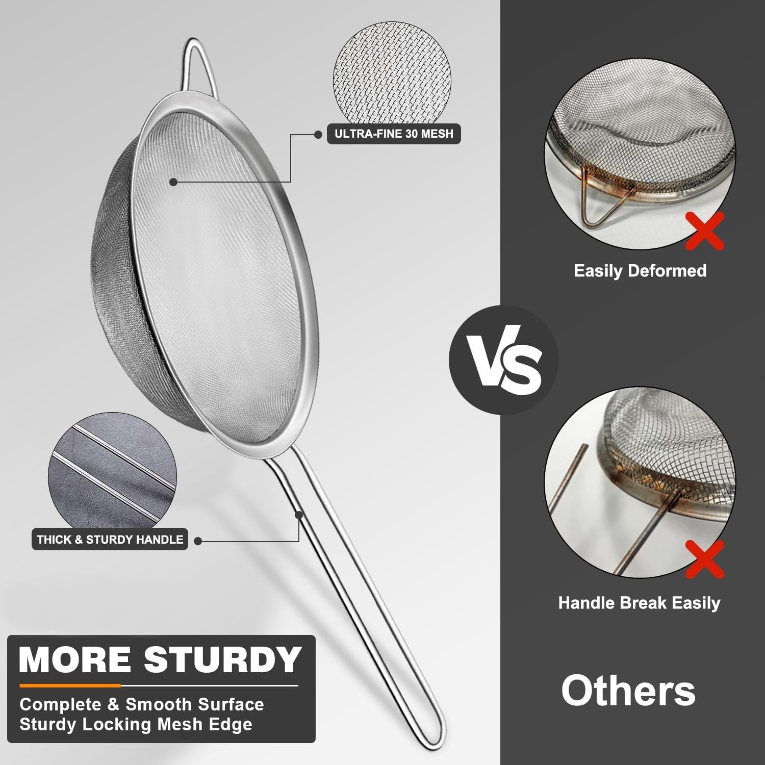 ZHUYING Fine Mesh Strainer 4PCS, Versatile Kitchen Strainer with Handle - 7", 5", 3.3", 2.8" Sieve Fine Mesh Stainles... - Image 3