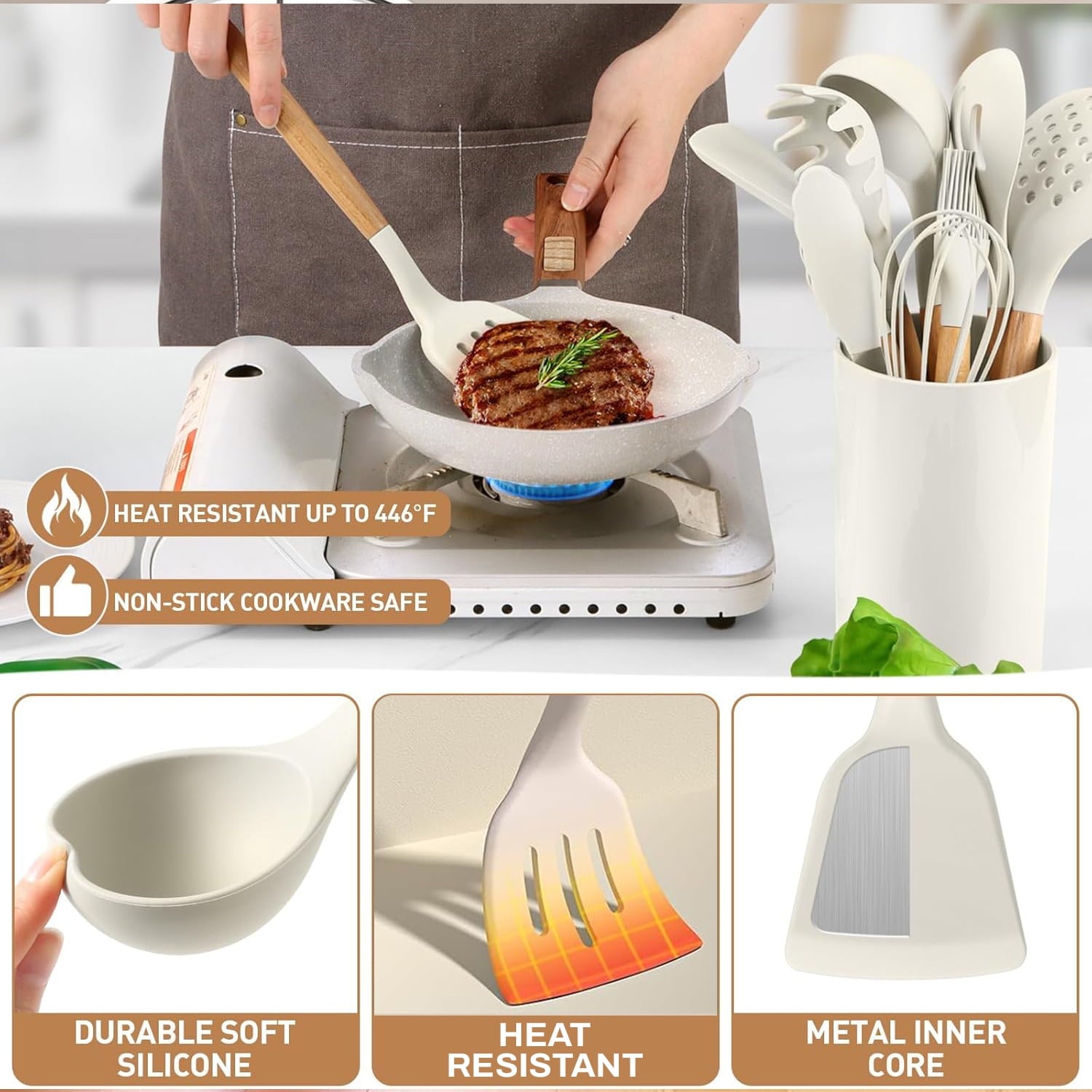 Behome Cooking Utensils Set, 12 packs Non-Stick Silicone Cooking Kitchen Utensils Spatula Set with Wooden Handles and... - Image 3