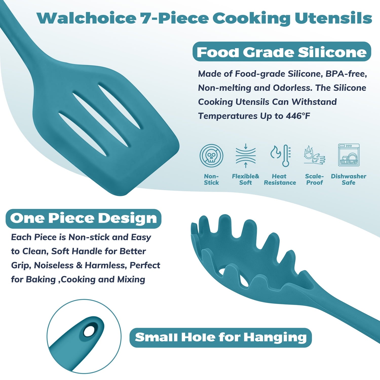 Walchoice 7-Piece Silicone Cooking Utensils Set, Blue Kitchen Utensils, Non-stick Gadgets Tools Include Slotted Turne... - Image 3