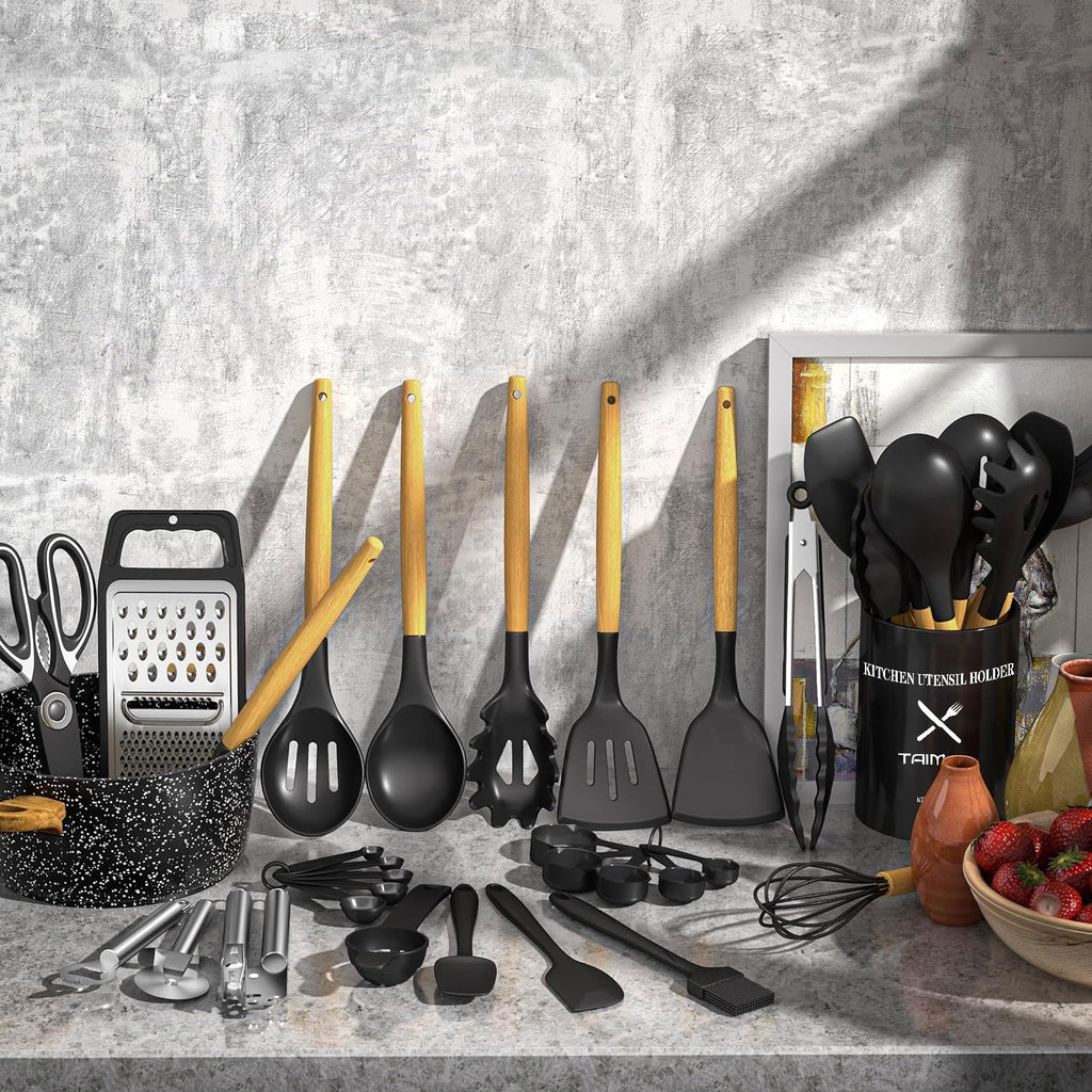 Kitchen Utensil Set, AOKIWO 34Pieces Silicone Cooking Utensil Set with Wooden Handle, Heat Resistant Spatula Set Gadg... - Image 4
