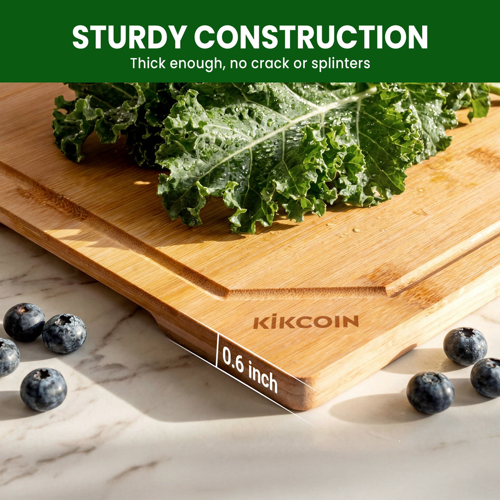 Kikcoin Bamboo Cutting Boards for Kitchen, with Deep Juice Groove and Inner Handle, 17.1" x 11.4" - Image 4