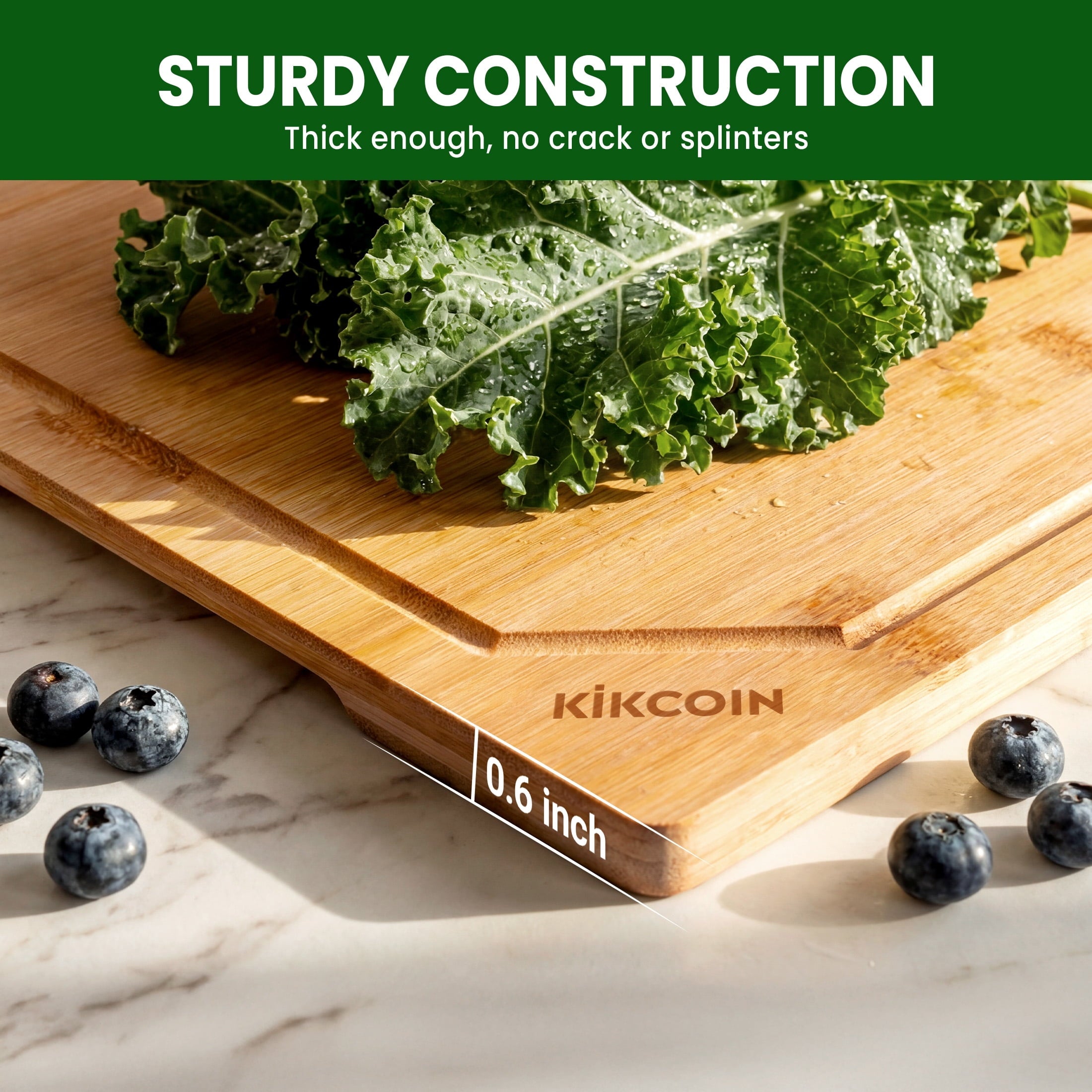Kikcoin Bamboo Cutting Boards for Kitchen, with Deep Juice Groove and Inner Handle, 17.1" x 11.4" - Image 4