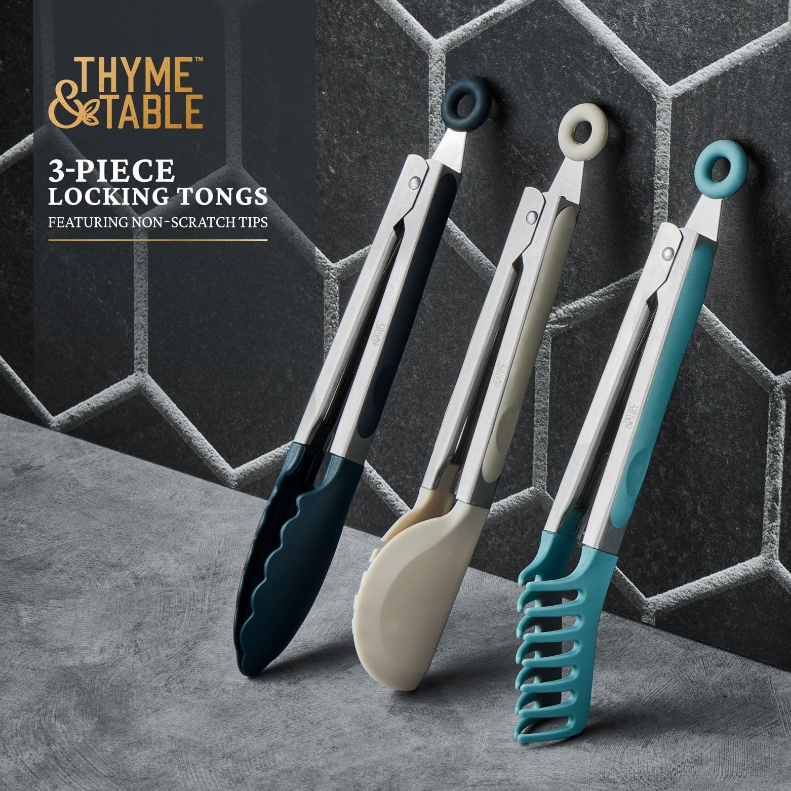 Thyme & Table Heat Resistant Silicone Locking Tongs (3 Count) - Image 3