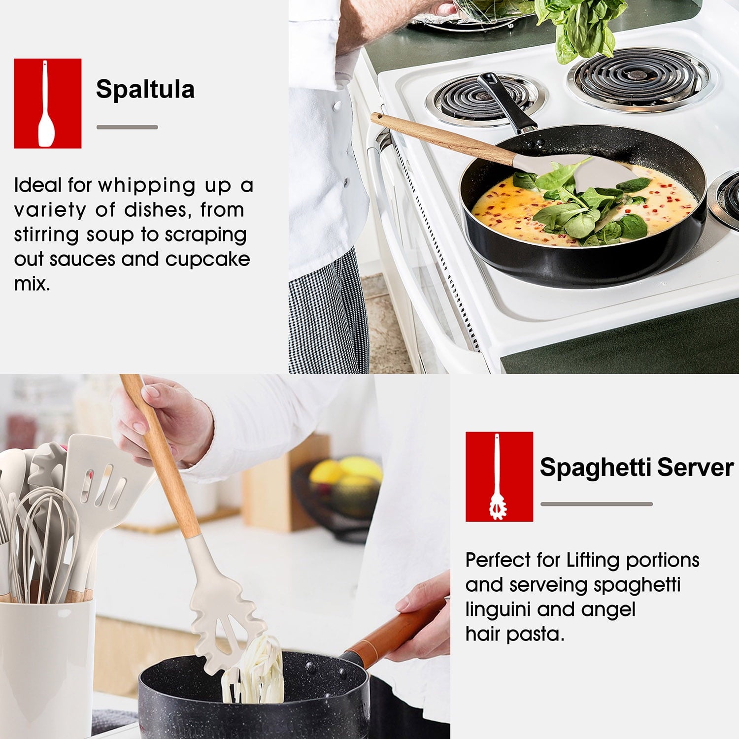 Vesteel Kitchen Utensils Set of 6, Silicone Cooking Utensils with Wooden Handle, Non-Stick Cookware & Heat Resistant,... - Image 5