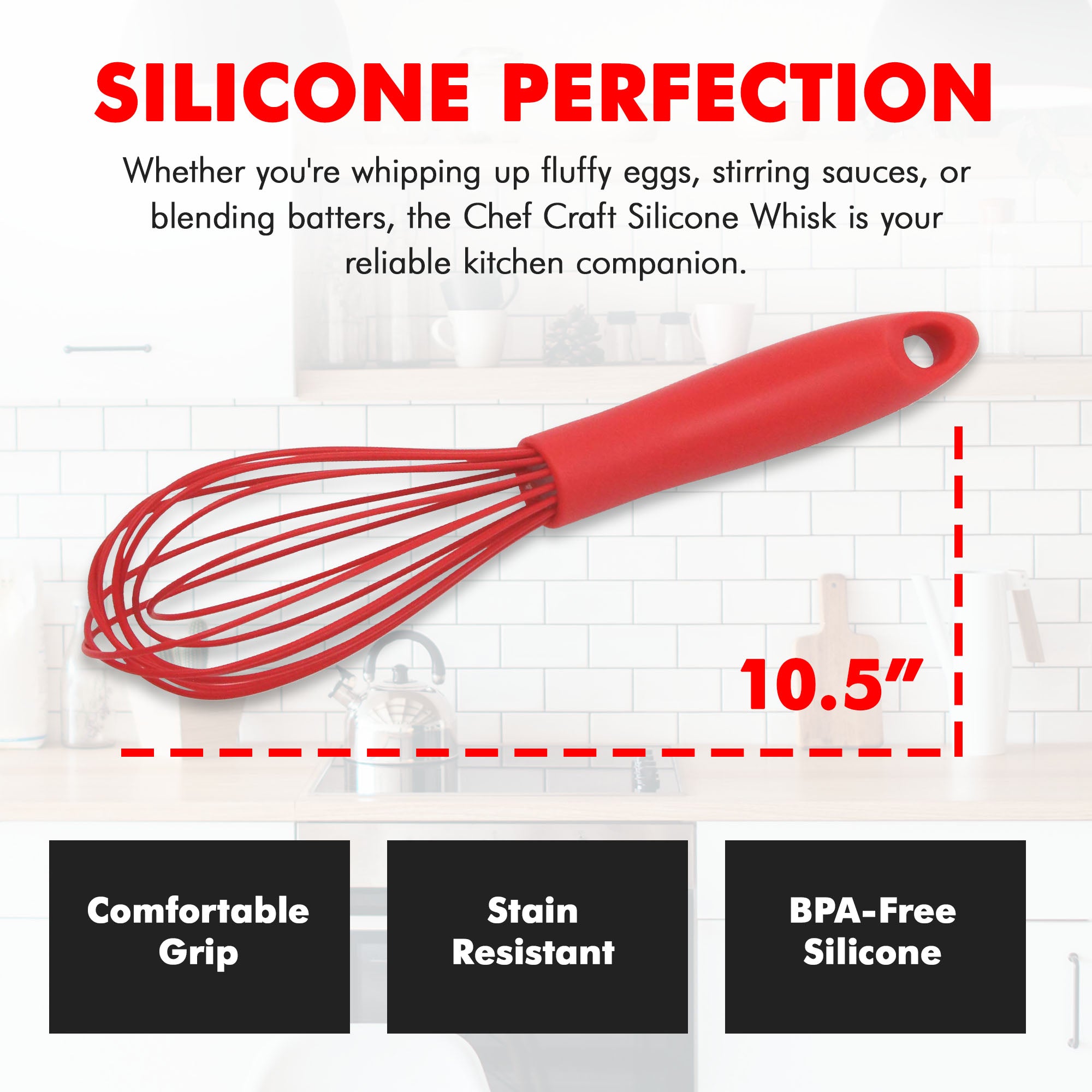 Chef Craft Premium Silicone Wire Cooking Whisk, 10.5 inch, Red - Image 3
