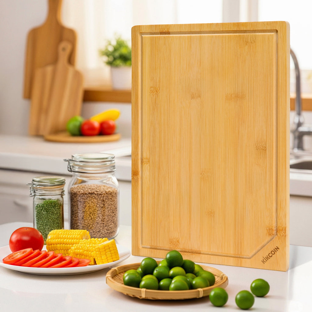 Kikcoin Bamboo Cutting Boards for Kitchen, with Deep Juice Groove and Inner Handle, 17.1" x 11.4" - Image 5